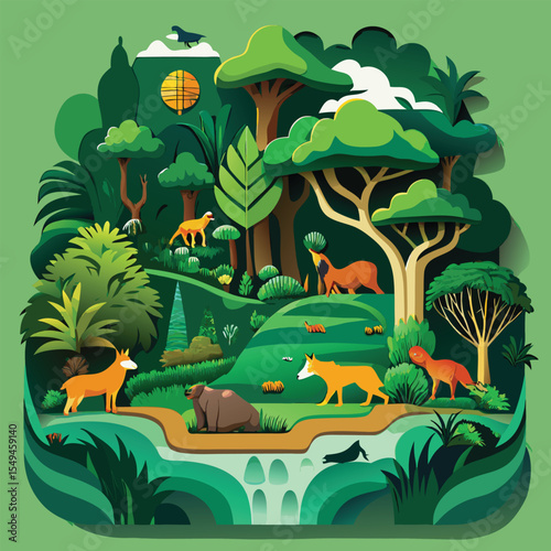 Multi-layered paper-cut style vector illustration of a jungle with animals like deer, birds, tigers, and monkeys, vibrant greens and browns, depth effect with shadows.eps