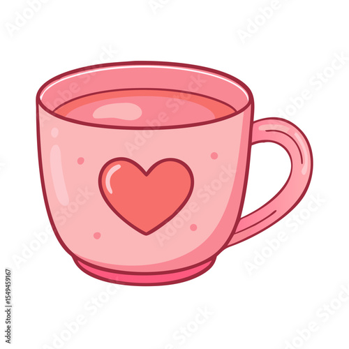 Vector icon of a pink coffee cup with a heart design, symbolizing warmth, love, and cozy moments. Valentine's Day. Isolated on a transparent background
