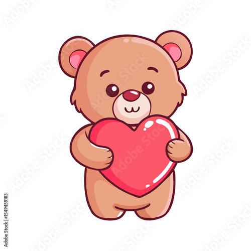 Vector icons of a cute cartoon bear holding a heart, symbolizing love, romance, and Valentine's Day affection. Isolated on a transparent background