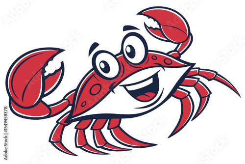 Joyful cartoon crab character smiles with claws raised, ready to greet and interact cheerfully