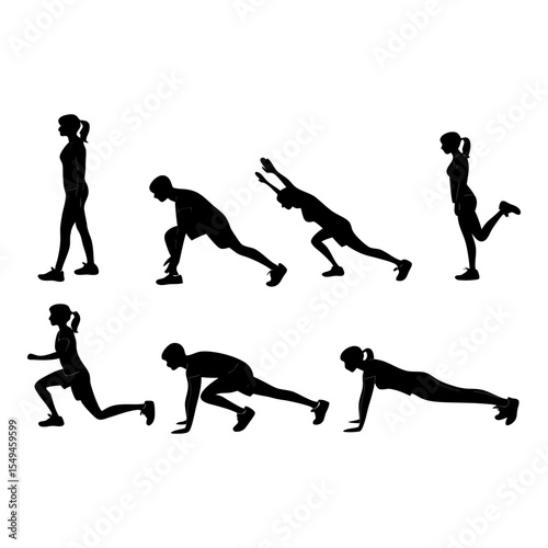 Workout Silhouette: A silhouette illustration showcases a sequence of dynamic exercises performed by individuals. the image embodies healthy habits and physical fitness.