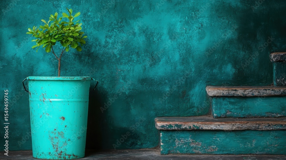 Obraz premium A striking contrast of a vibrant green plant thriving in a rustic turquoise container against a textured wall, representing growth and resilience in a charming setting.