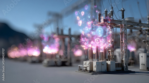 Power station energy transformation industrial facility digital art urban setting wide angle futuristic concept