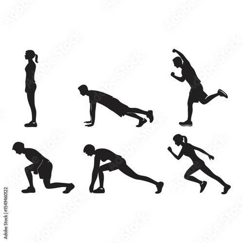 Athlete Silhouette Exercise Series: Dynamic silhouette sequence of a person showcasing a variety of exercises, capturing the essence of fitness.