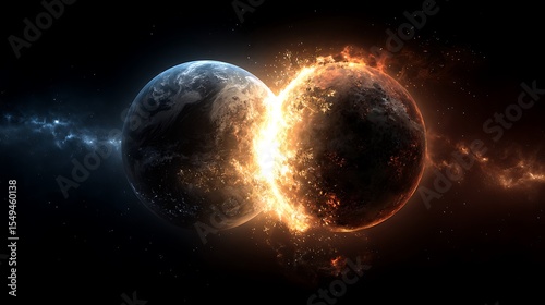 Two planets colliding creating fire and destruction in space. .