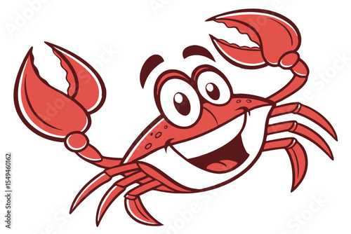 Playful cartoon red crab with big smile and claws ready to dance