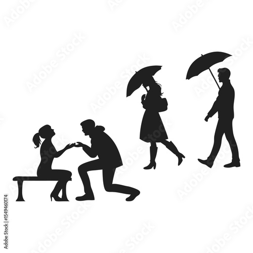 Silhouetted Proposal in the Rain: A tender proposal unfolds in silhouette, a man kneeling before his beloved on a bench, while others stroll by under umbrellas, lost in their own worlds.