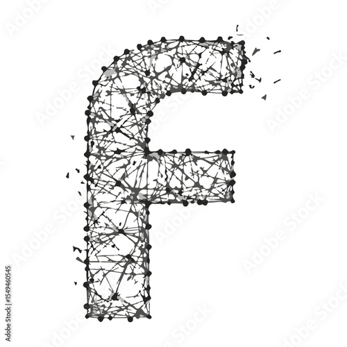 Abstract Letter F with Network Mesh of Dots and Lines, Dark Gray Geometric Design on White Background