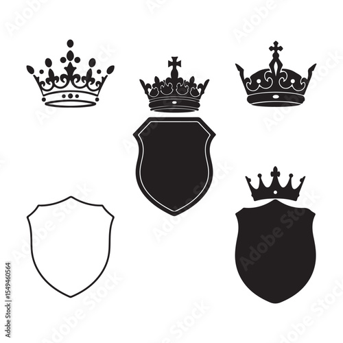 Monochromatic Heraldic Emblems Regal Crowns and Shields Symbolic Representations of Authority Nobility and Heritage Creating an Air of Sophistication