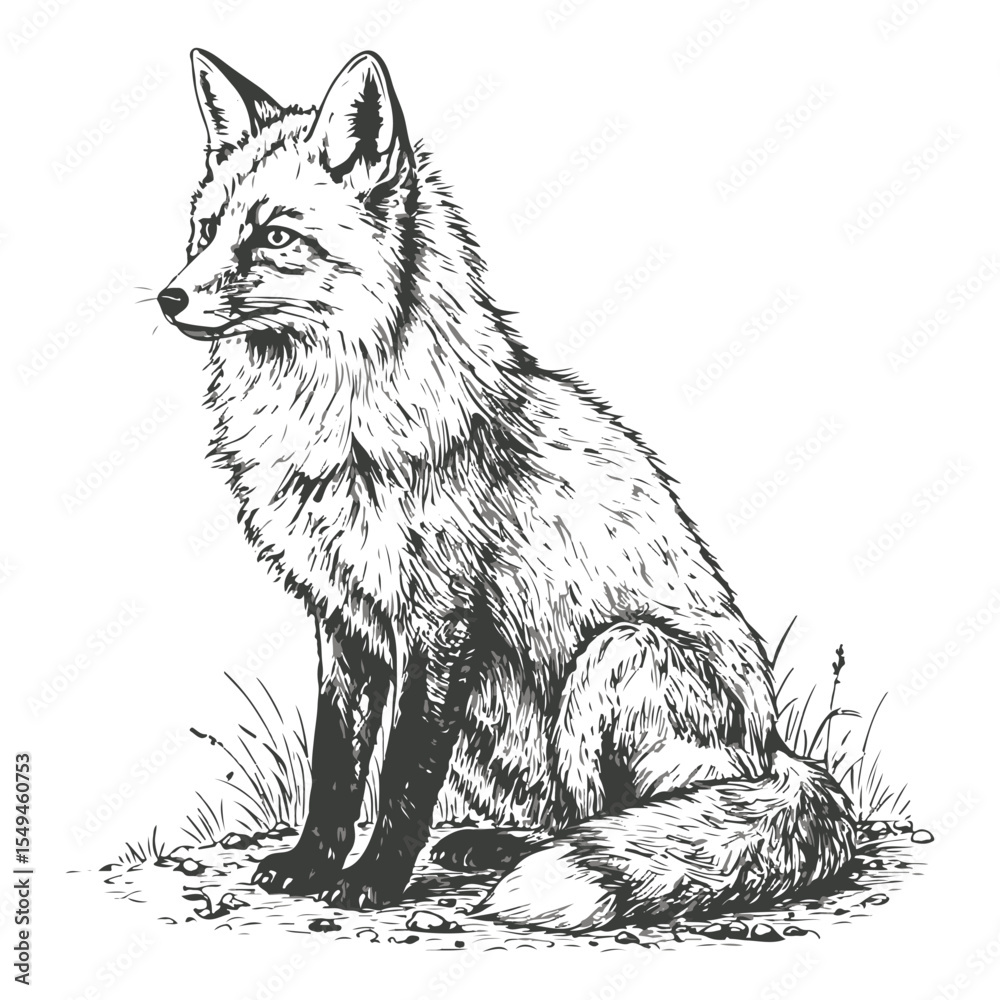 Naklejka premium Monochrome Fox Sitting in Grassy Patch a Detailed Line Art Depiction of Wildlife and Nature