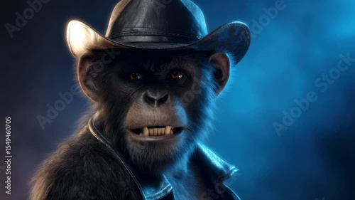 A cool chimpanzee character portrait wearing a leather cowboy hat and jacket