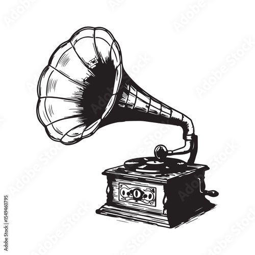 Vintage Gramophone Illustration Classic Design in Black and White Evoking Nostalgia for Retro Music and Historical Sound Technology