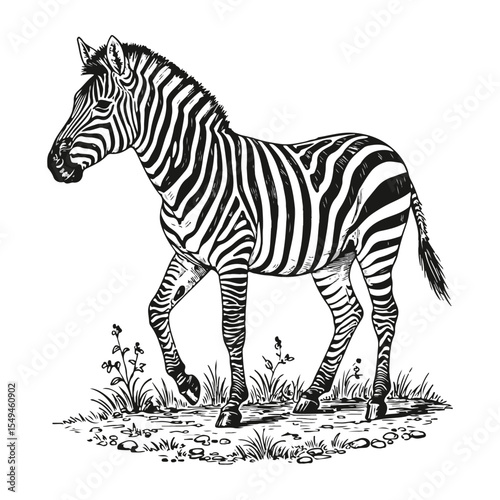 Monochromatic Zebra Illustration An African Equine with Distinctive Stripes Walking Through a Field of Grass and Small Plants in Black and White
