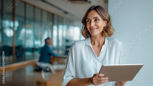 Businesswoman holding a tablet, standing in a white office, looking away from the camera, side view,