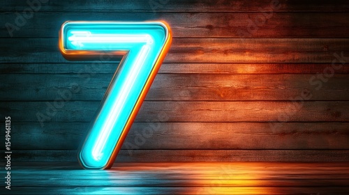 A glowing neon number seven, radiating vibrant colors against a textured wooden surface, showcasing a blend of modern decoration and creative art.
