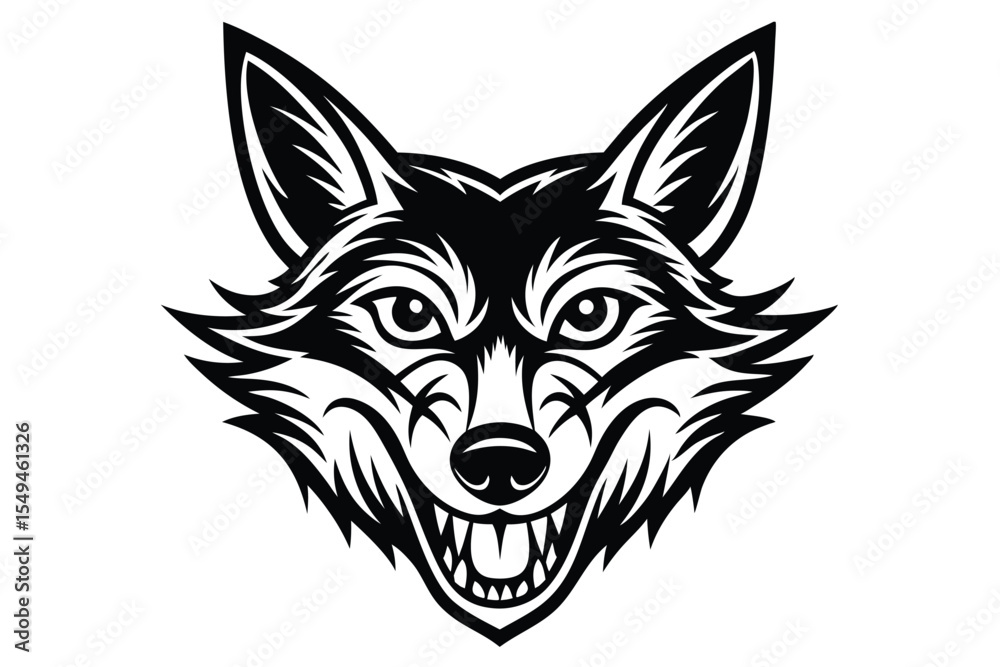 Naklejka premium Striking black and white wolf portrait shows its canines and determined facial expression