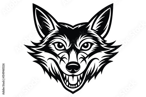 Striking black and white wolf portrait shows its canines and determined facial expression