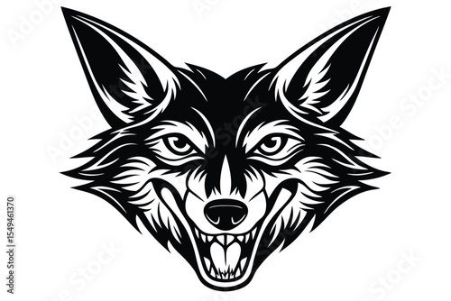 Intricate black fox head reveals sharp fangs against stark white background illustration