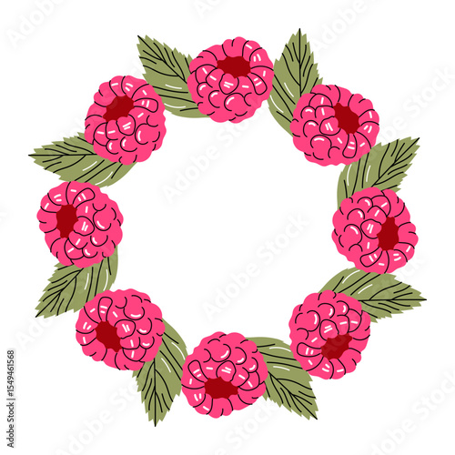 Round wreath with hand drawn raspberries and green leaves. Perfect for summer design, eco branding, or packaging.