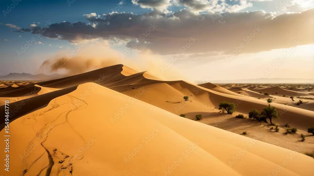 Vast expanse of undulating sand dunes with sparse desert vegetation under a bright sky at sunset and blowing sand