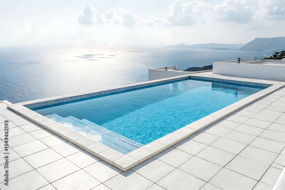 Obraz premium A serene infinity pool overlooking the ocean with white tile and steps leading into the water edge