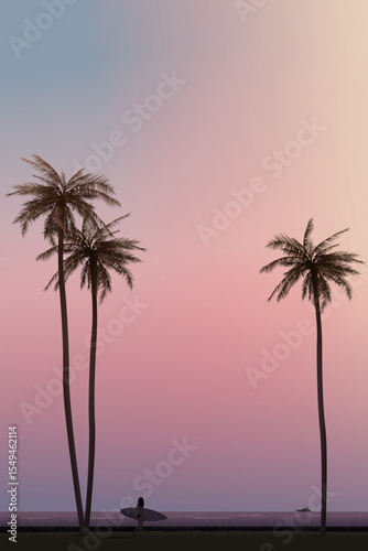 Minimalist seaside landscape at sunset have silhouette coconut palm trees and a woman with surfboard at grass field graphic illustration.