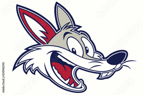 Gleeful cartoon coyote head smiles widely, showcasing white teeth and red tongue playfully