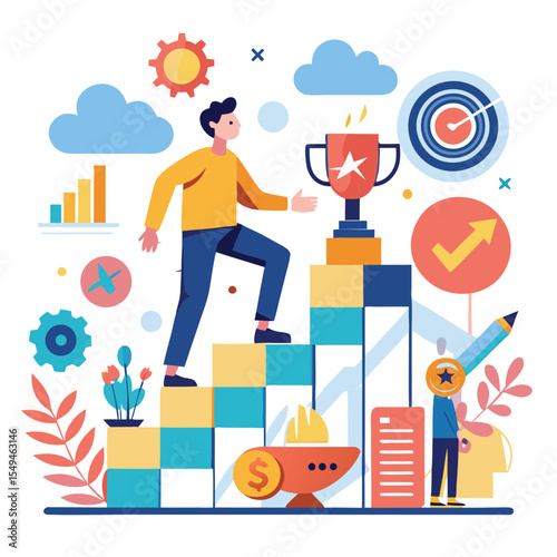 A person climbing stairs made of bar charts toward a trophy at the top, surrounded by motivational icons ? goal setting, innovation, leadership ? in clean vector style.eps