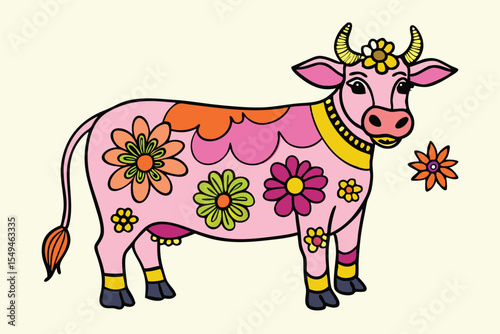 Pink floral cow standing with colorful accents showcases whimsical bovine character near a daisy