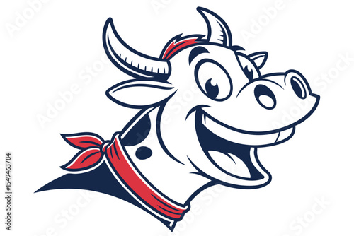 Smiling cartoon cow head wears red bandana, showcasing fun, bold line work and happy expression