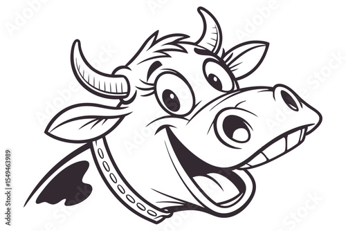 Line drawing shows a happy cartoon cow head wearing a collared necklace