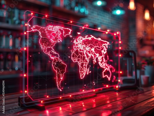 A digital world map with bright red neon lights is displayed on a transparent screen, symbolizing global technology and connectivity.