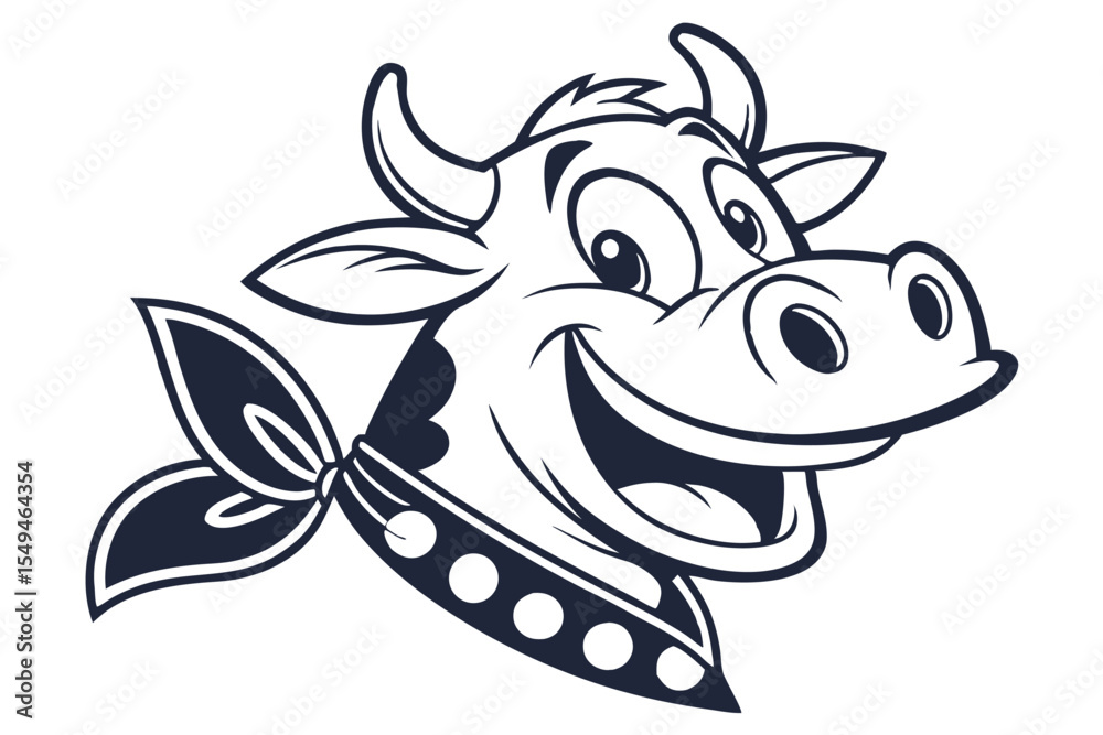 Smiling monochrome cartoon cow head with bandana showcases simplicity and charm in style Smiling monochrome cartoon cow head with bandana showcases simplicity and charm in style