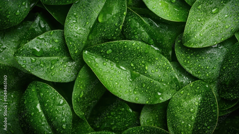 Obraz premium A stunning close-up of fresh green leaves adorned with sparkling water droplets, capturing the essence of nature's beauty and the refreshing feel of a dewy morning.