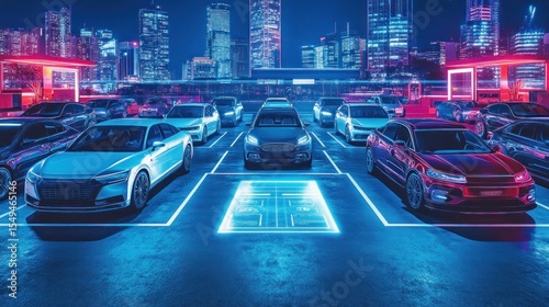 Futuristic parking lot at night with electric cars.  Interactive parking system