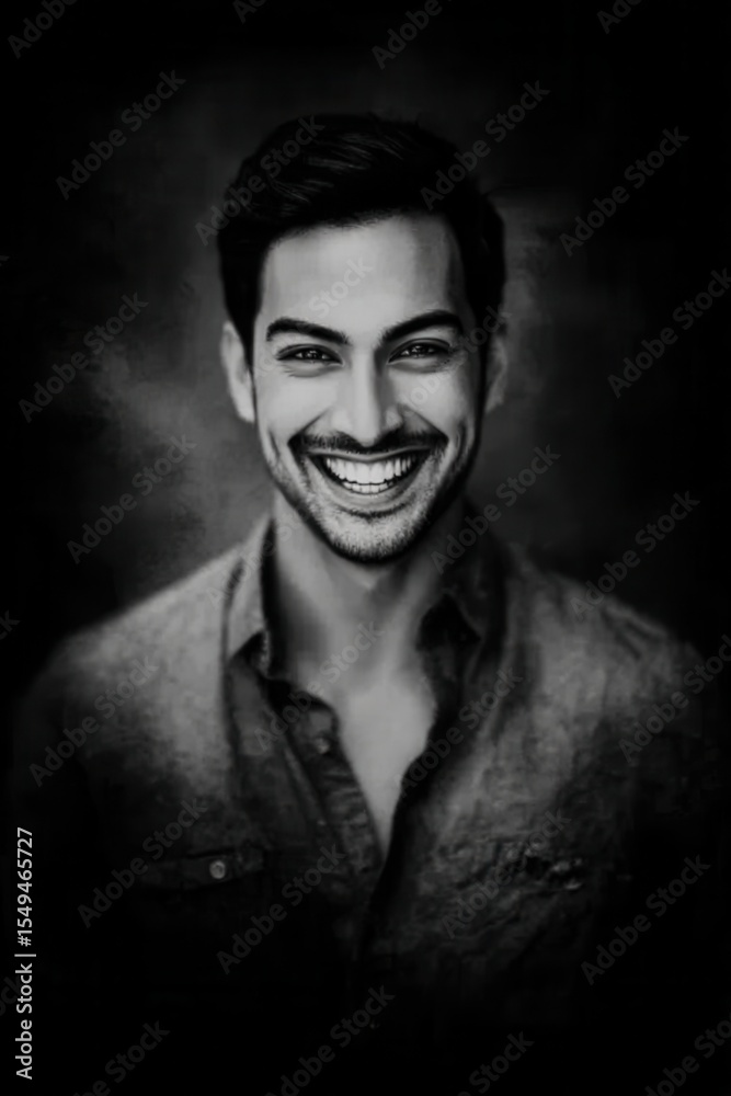 Obraz premium A black and white photo of a smiling man