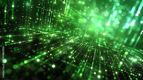 Abstract background of glowing green particles. Futuristic technology or science concept. 3D rendering.