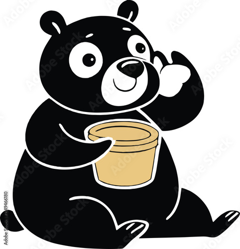 Adorable cartoon bear happily holding a honey pot. Perfect for children's illustrations, food labels, or playful branding.