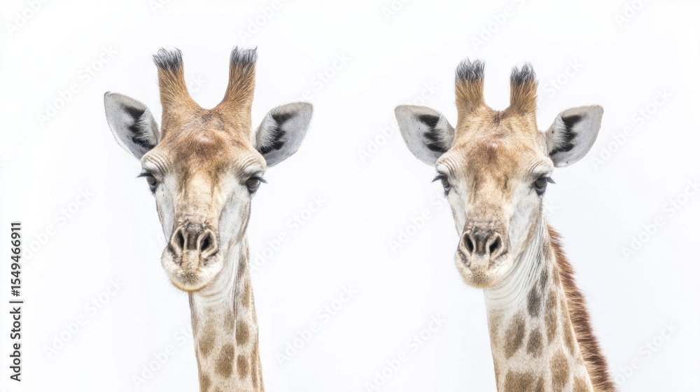 Obraz premium Two giraffes looking at the camera with a white background