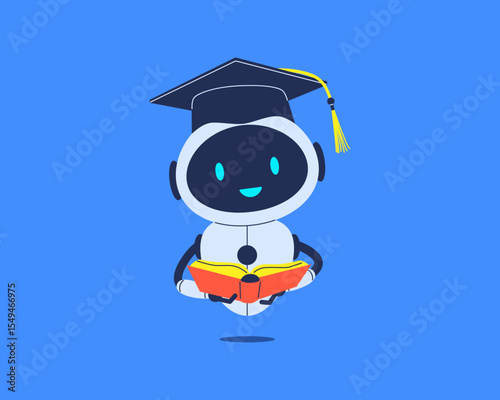 Smiling robot in graduation cap with book. Vector illustration for education, AI assistant or student chatbot