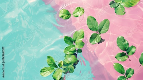 Fresh green leaves float on calm pastel water with pink and turquoise hues, creating a vibrant tropical and summer-inspired aesthetic.