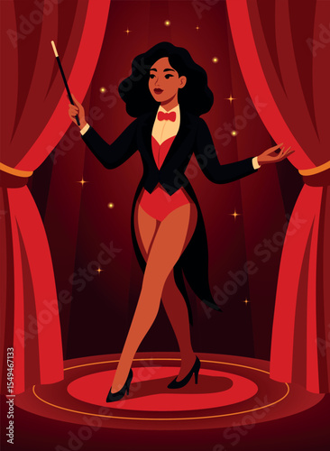 Vector bright circus illustration, circus artist illusionist woman girl with magic wand on red curtain background. Magic show. Use for circus, posters, advertising, tickets, events, social media