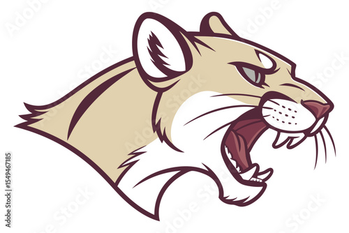 Fierce cougar head displays its teeth in a side profile that reveals its intense look