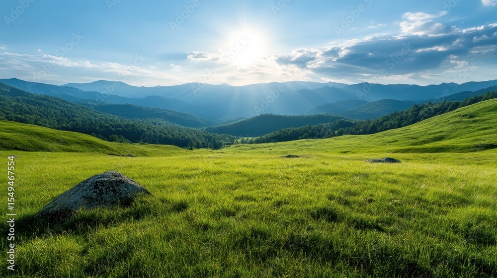 Obraz premium Breathtaking view of a sunset illuminating rolling green hills, symbolizing peace and serenity in nature, inviting individuals to immerse themselves in tranquility.