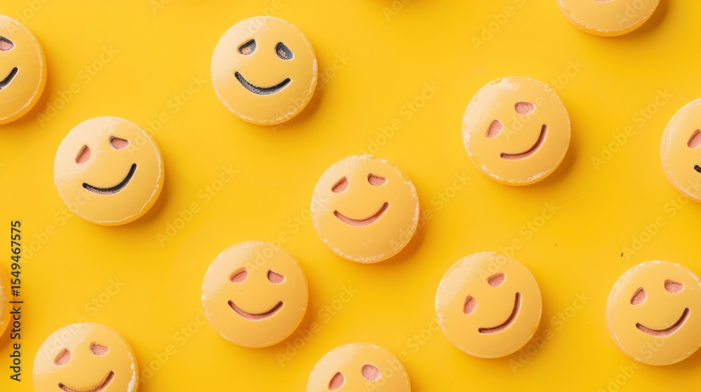 Fototapeta premium Yellow background with a pattern of happy face pills. The pills are arranged in a grid pattern and are all the same size.
