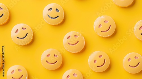 Yellow background with a pattern of happy face pills. The pills are arranged in a grid pattern and are all the same size.