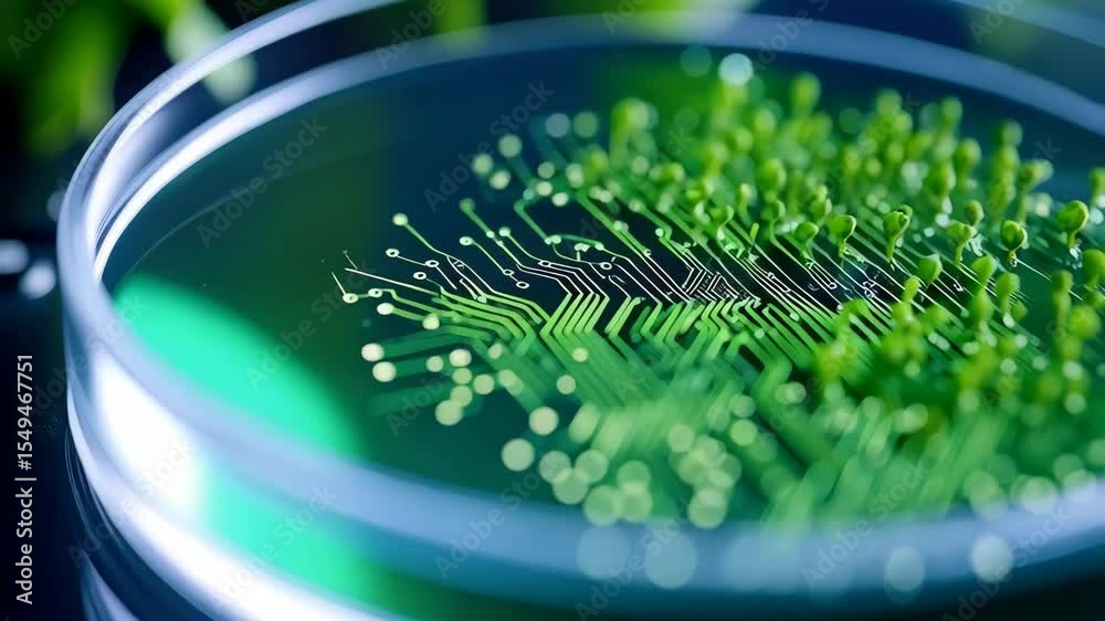 Green sprouts growing from circuit board in petri dish, symbolizing sustainable technology, biotechnology and future of technology, laboratory experiment.