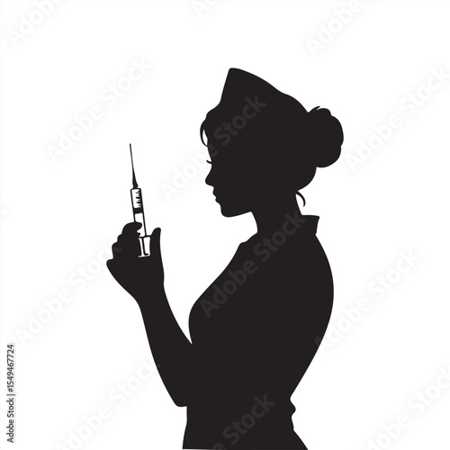 Black Silhouette Nurse Holding Syringe Medical Healthcare