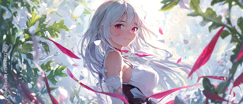 Anime Girl with Silver Hair Amidst Blooming Flowers and Ribbons