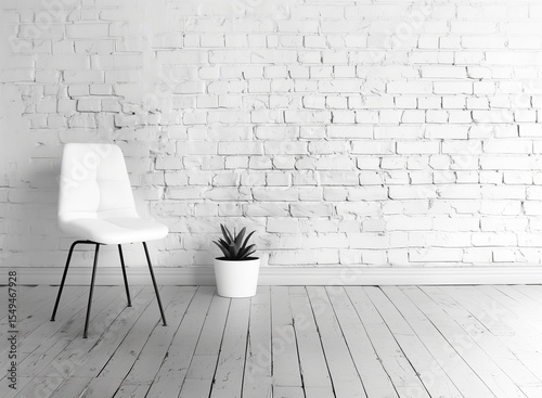 Modern minimalist room featuring a white chair and potted plant against a white painted brick wall and wooden floor.